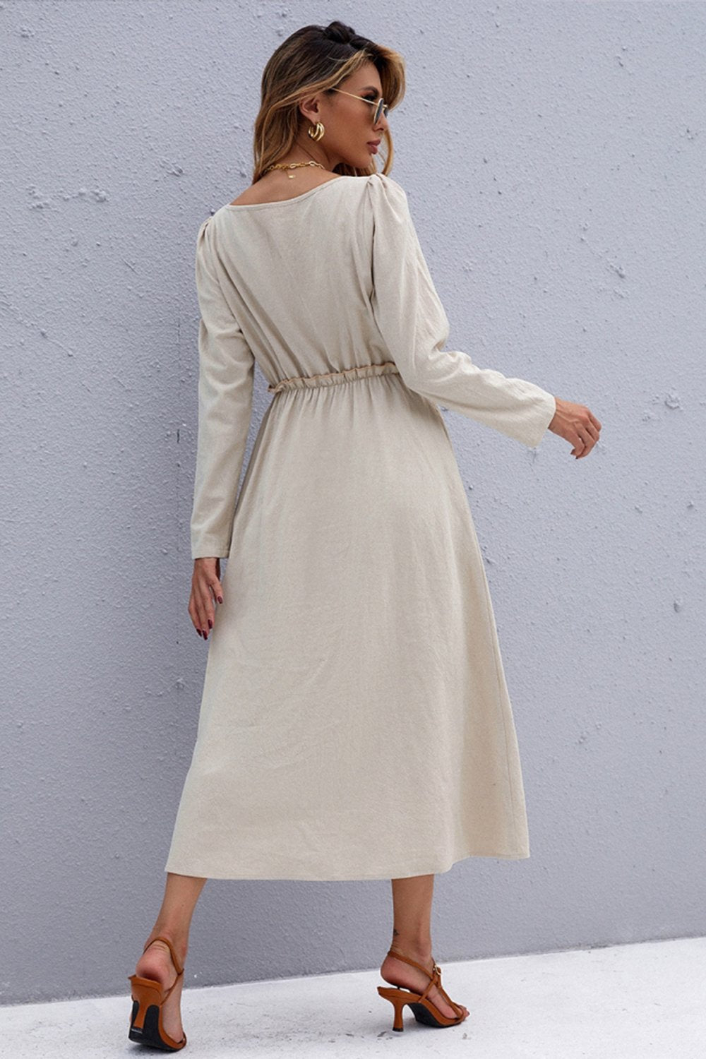Long-Sleeved Solid Color Waist A-Line Maxi Dress
