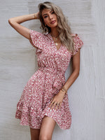 Load image into Gallery viewer, Ditsy Ruffle Floral Print Belted Hem Dress
