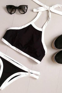 Color Block White And Black Halter Bikini Set