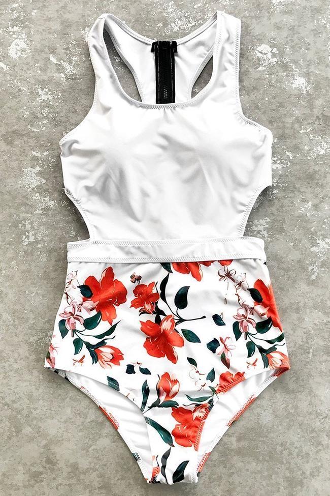 Back Hollow Lace-Up Floral White One-Piece Swimsuit