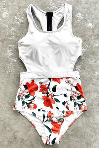 Back Hollow Lace-Up Floral White One-Piece Swimsuit