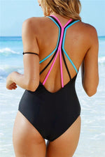 Load image into Gallery viewer, Rainbow Straps Black One Piece Swimsuit
