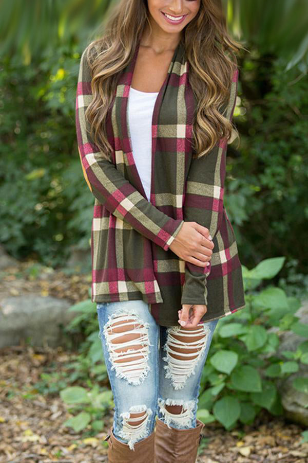 Plaid Long Sleeve Loose Open Front Top