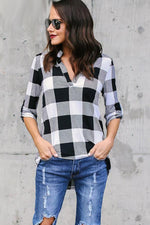 Load image into Gallery viewer, Plaid V Neck Long Sleeve Loose Shirt
