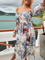 Load image into Gallery viewer, The Shoulder Floral Print Off  Shirred Midi Dress
