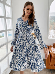 High Waist Floral Flounce Sleeve Midi Dress