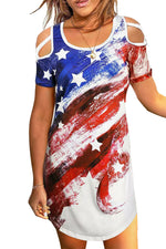 Load image into Gallery viewer, American Flag Dress Cold Shoulder Mini Dress for Women
