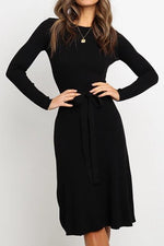 Load image into Gallery viewer, Round Neck Belt Long-Sleeved Dress
