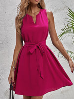 Load image into Gallery viewer, Neck Belted  Solid Notch Sleeveless Midi Dress
