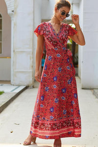 Boho Deep Neck Maxi Dress - Floral Print