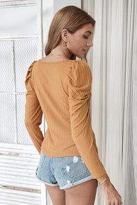 Square Collar Knitted Thin T-Shirt Long Sleeve