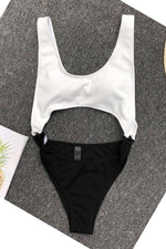 Load image into Gallery viewer, Black White Splicing Hollow Out One-Piece Swimsuit
