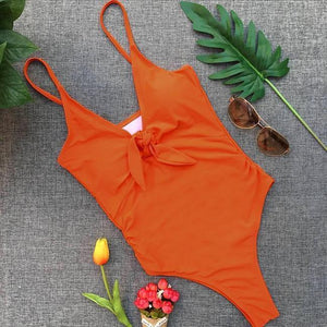 Pure Color Front Knotted One-Piece Swimsuit
