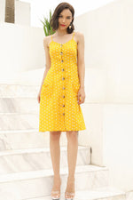 Load image into Gallery viewer, Yellow Polka Dot Single Breasted Lace-Up Pocketed Dress
