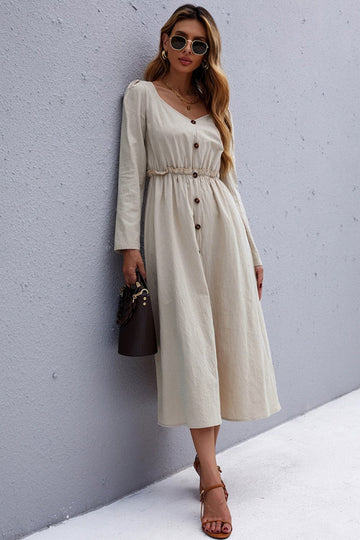 Long-Sleeved Solid Color Waist A-Line Maxi Dress