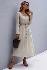 Load image into Gallery viewer, Long-Sleeved Solid Color Waist A-Line Maxi Dress
