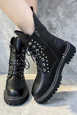 Load image into Gallery viewer, Black PU Lace-up Combat Boots With Rivet
