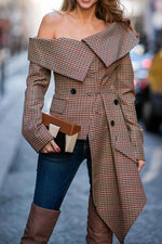 Load image into Gallery viewer, Fashion Asymmetric Plaid Shirt Off Shoulder Long Sleeve Top Coat
