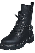 Load image into Gallery viewer, Black PU Lace-up Combat Boots With Rivet
