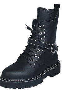 Black PU Lace-up Combat Boots With Rivet