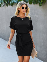 Load image into Gallery viewer, Belted Fitted Batwing Sleeve Dress
