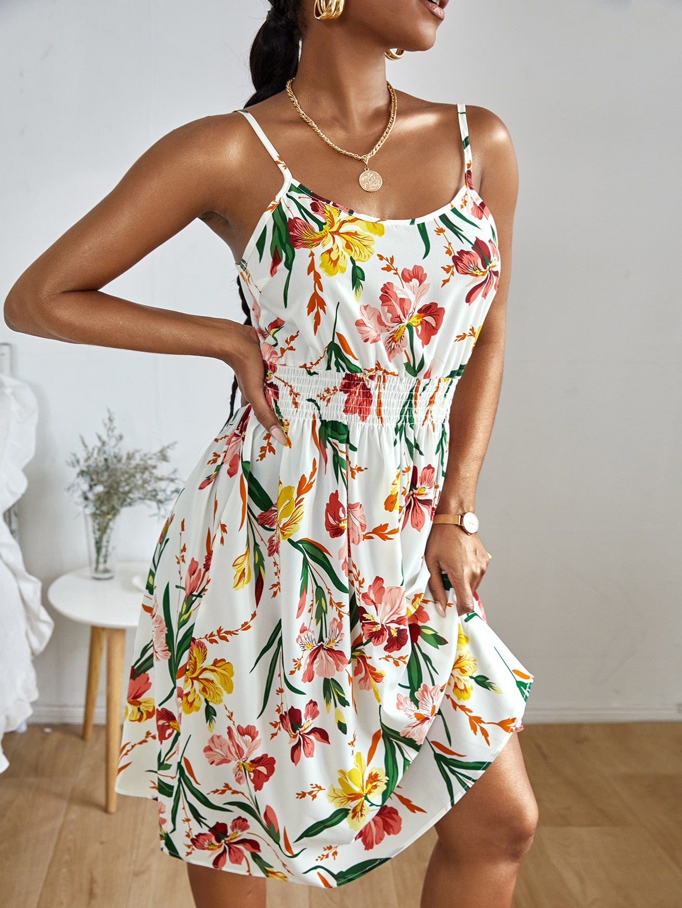 Shirred Floral Print Cami Mini Dress