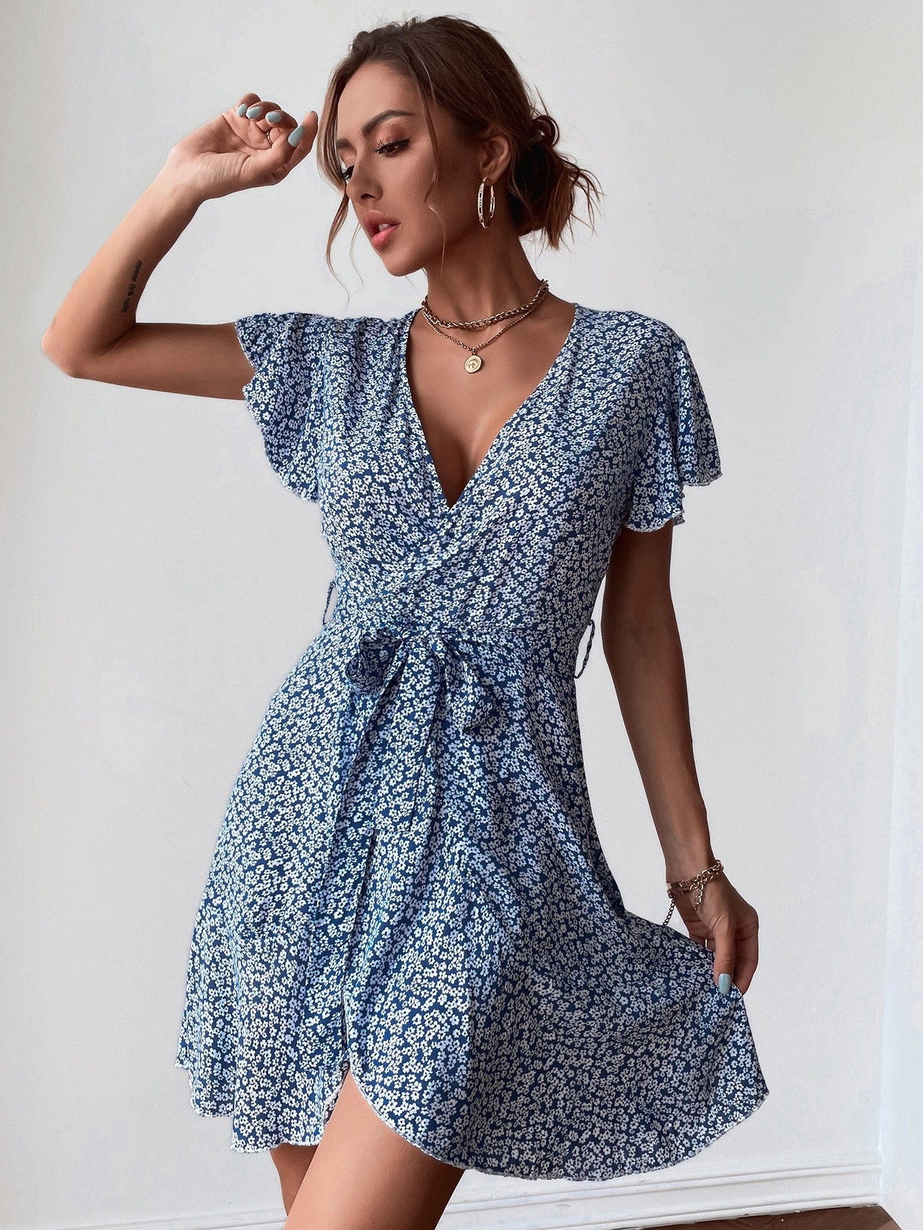 Ditsy Floral Belted Surplice Front Dress