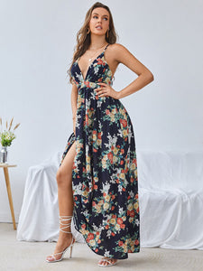 Floral Print Crisscross Back Cami Maxi Dress