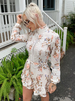 Load image into Gallery viewer, Lace Insert Ruffle Hem Belted Floral Dress
