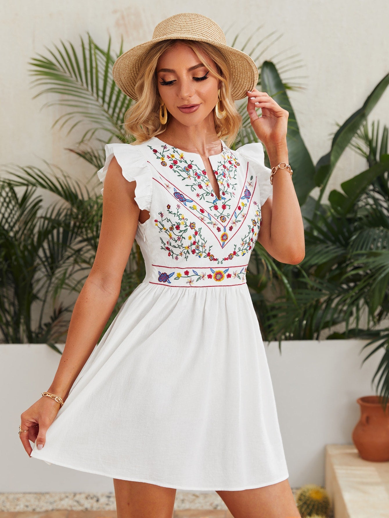 Embroidered Floral Butterfly Sleeve Mini Dress