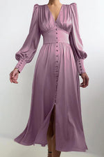 Load image into Gallery viewer, Satin Button Puff Long Sleeve Dress
