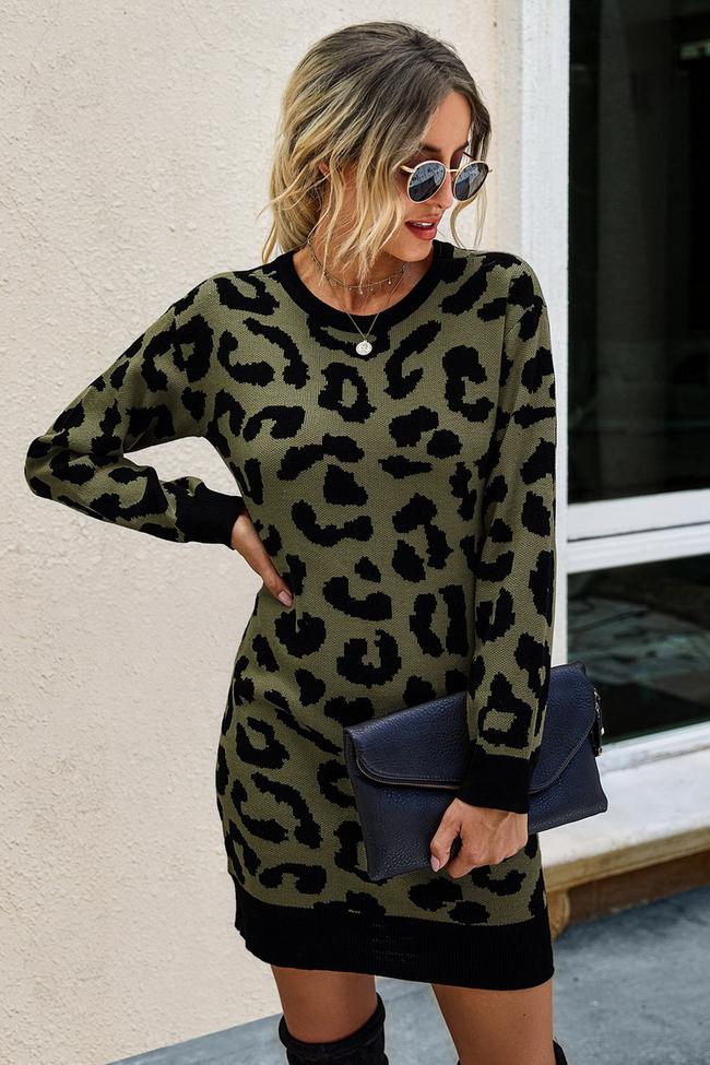 Leopard Print Tight Knit Dress