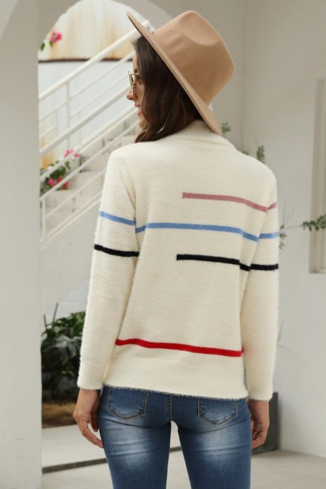 Fluffy Stripe High Neck Loose Sweater