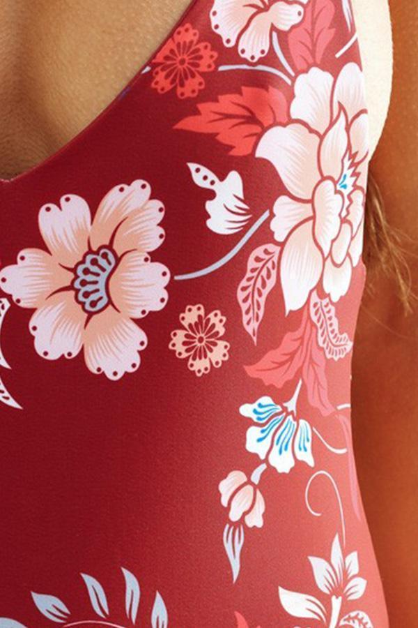 Red Floral Open Back One-Piece Swimsuit