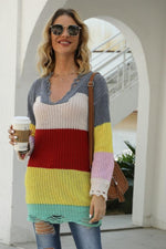 Load image into Gallery viewer, U-Neck Contrast Patchwork With Torn Hem Pullover
