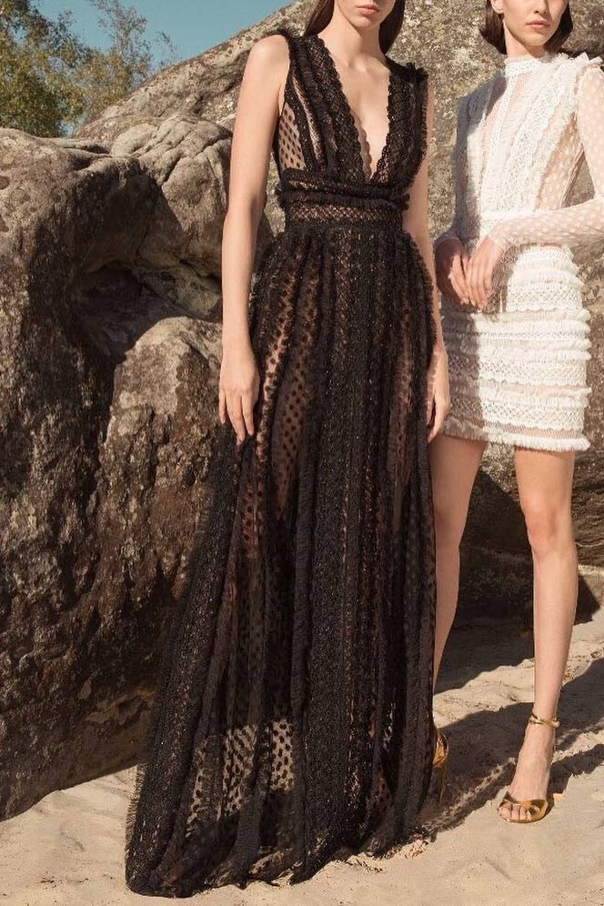 Black See Through V-neck Cutout Long Dress