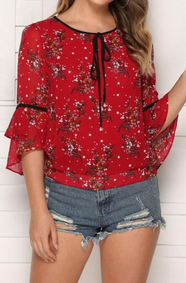 Floral Flared Sleeves Loose Chiffon Blouse