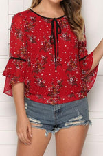 Load image into Gallery viewer, Floral Flared Sleeves Loose Chiffon Blouse
