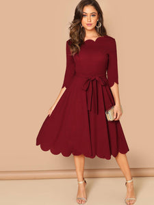 Fit & Flare Scallop Trim Dress With Belt