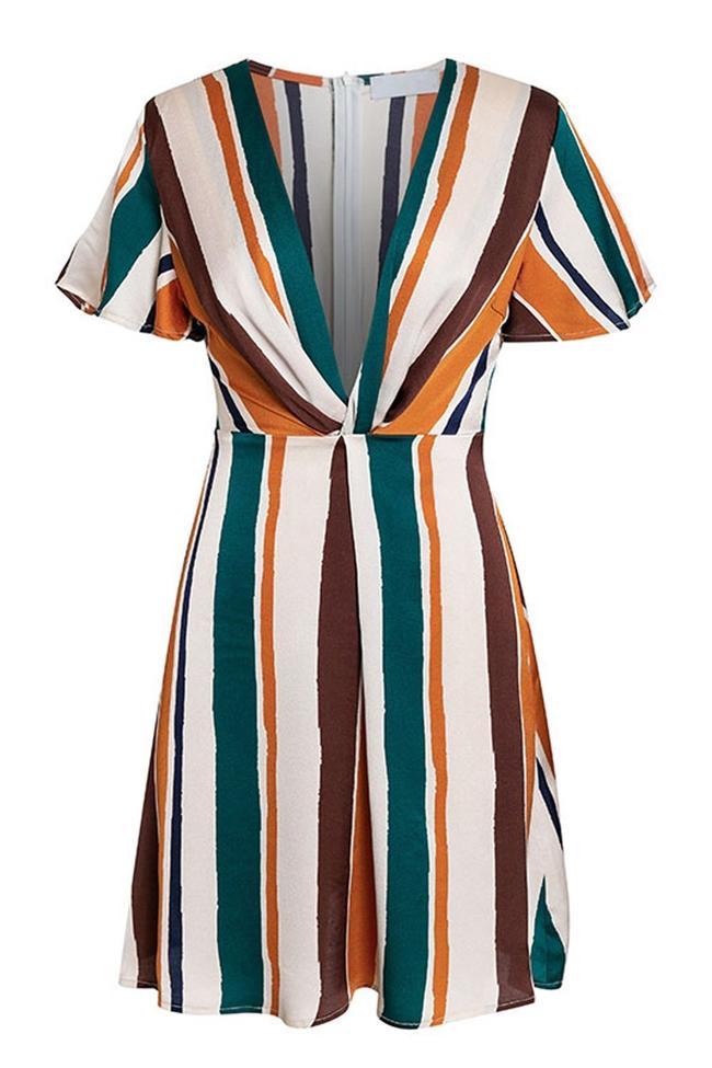 Rainbow Stripe Deep V-Neck Dress