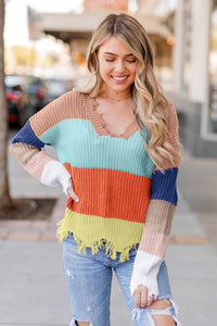Color Block V Neck Frayed Hem Sweater