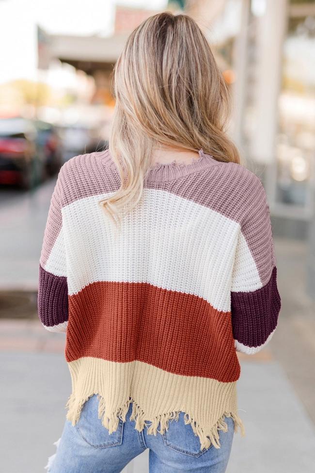 Color Block V Neck Frayed Hem Sweater