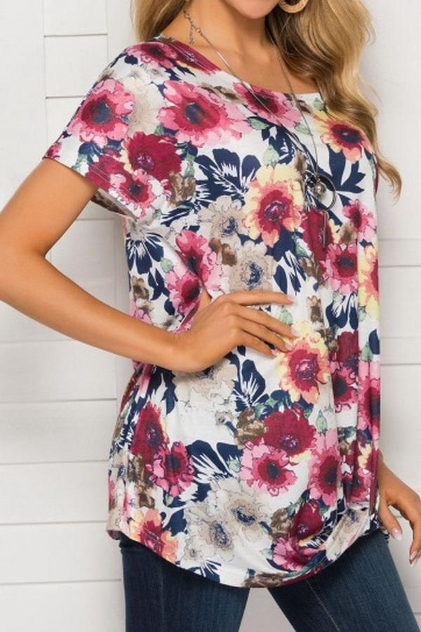 Printed Round Neck Short Sleeve Loose Top