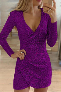 Short Mini V-neck Party Dress With Long Sleeves