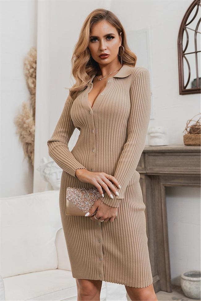 Bodycon Lapel Button Knitted Dress