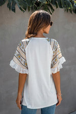 Load image into Gallery viewer, Color Stitching Chiffon Ruffled V-Neck T-Shirt
