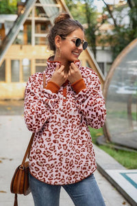 Leopard Stand Collar Buttons Sweatshirt