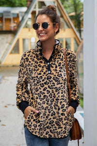 Leopard Stand Collar Buttons Sweatshirt