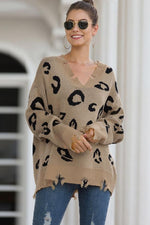 Load image into Gallery viewer, Leopard V-Neck Frayed Sweater
