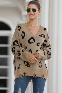 Leopard V-Neck Frayed Sweater